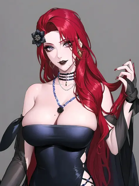 1girl, long hair, solo, red hair, jewelry, dress, necklace, hair ornament, mole on breast, cleavage, black dress, flower, bridal gauntlets, hair flower, looking at viewer, grey eyes, red nails, black background, black flower, smile, strapless, earrings, la...