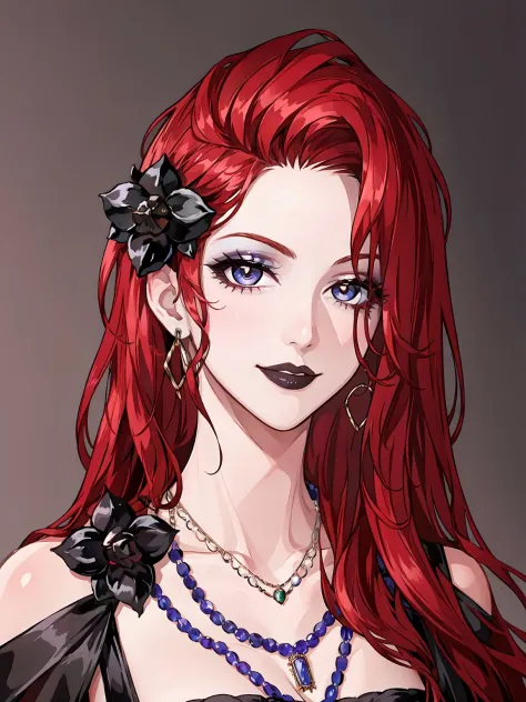 1girl, red hair, jewelry, solo, long hair, necklace, hair ornament, black flower, earrings, looking at viewer, portrait, makeup, hair flower, flower, smile,caberuel,(mature female:1.16),<lora:caberuel-v1-lora-any-5ep-resize:0.7>