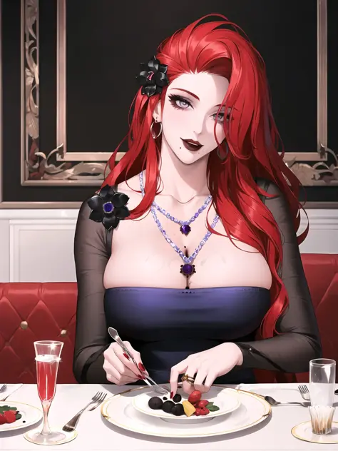 1girl, knife, red hair, fork, long hair, solo, holding knife, jewelry, dress, necklace, cleavage, hair ornament, flower, holding fork, holding, pearl necklace, looking at viewer, food, table, large breasts, red nails, gem, hair flower, purple dress, grey e...