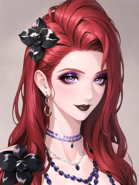 1girl, red hair, jewelry, solo, long hair, necklace, hair ornament, black flower, earrings, looking at viewer, portrait, makeup, hair flower, flower, smile,caberuel,(mature female:1.16),<lora:caberuel-v1-lora-any-5ep-resize:0.7>