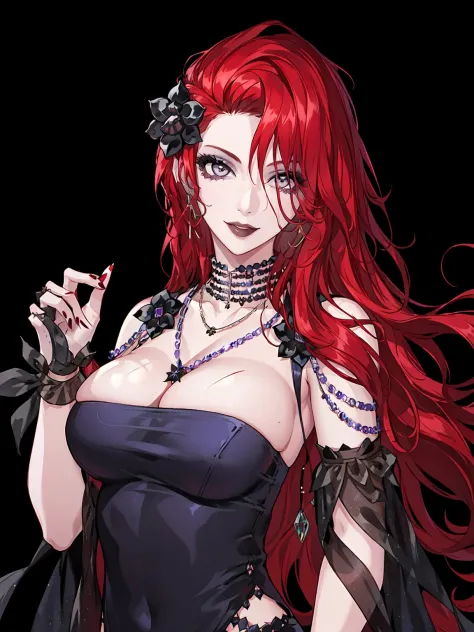 1girl, long hair, solo, red hair, jewelry, dress, necklace, hair ornament, cleavage, black dress, flower, bridal gauntlets, hair flower, looking at viewer, grey eyes, red nails, black background, black flower, smile, strapless, earrings, large breasts,cabe...