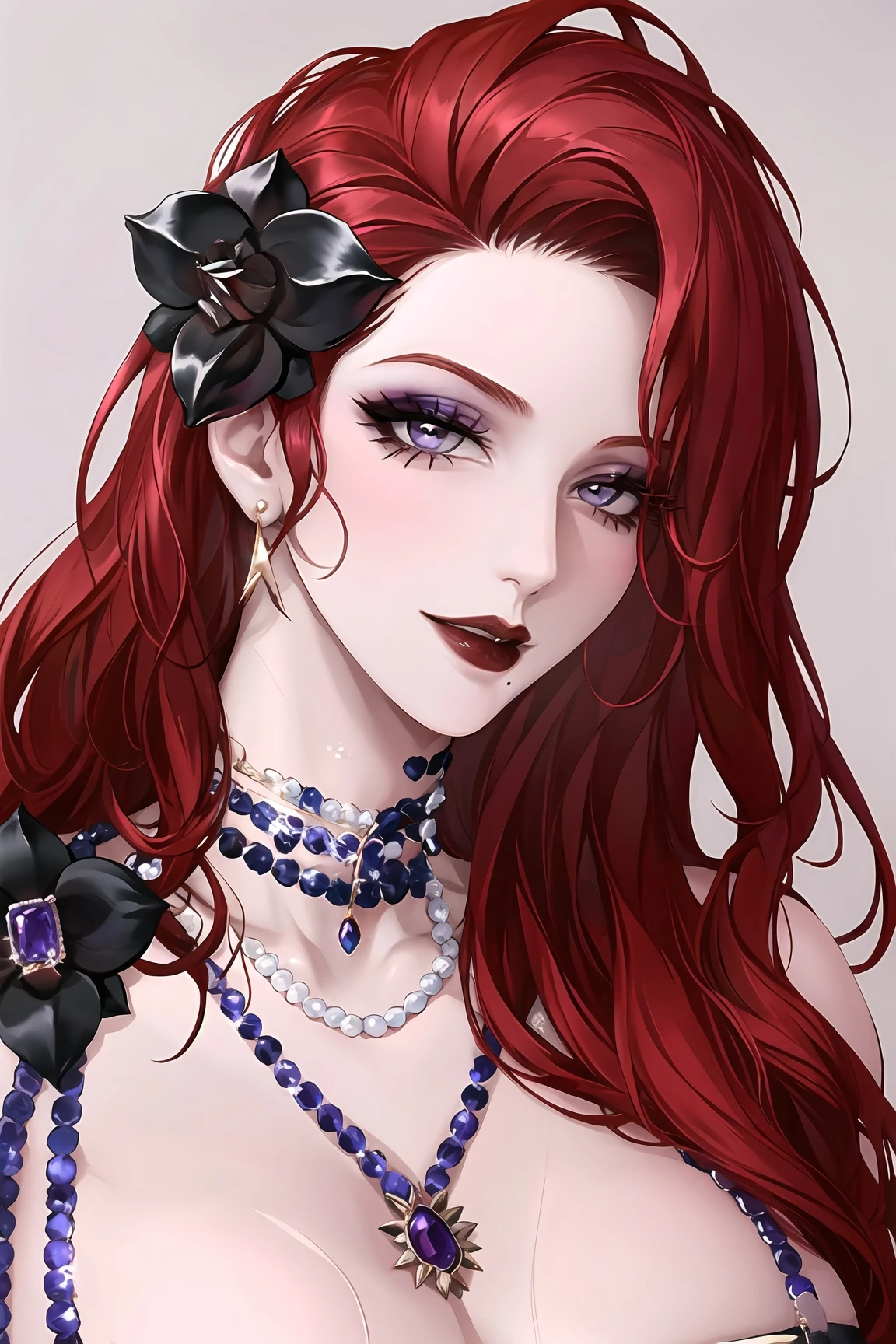 1girl, jewelry, red hair, solo, necklace, long hair, earrings, mole under mouth, red nails, petals, red lips, hair ornament, flower, black flower, pearl necklace, portrait, lipstick, makeup, grey eyes, nail polish, gem,parted lips,red lips,milf,huge breasts, parted lips,(shiny skin),(mature female:1.2),cabernet,
