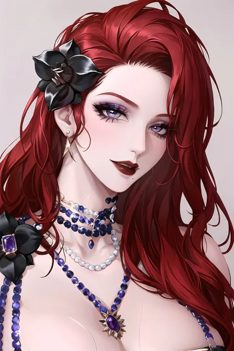 1girl, jewelry, red hair, solo, necklace, long hair, earrings, mole under mouth, red nails, petals, red lips, hair ornament, flower, black flower, pearl necklace, portrait, lipstick, makeup, grey eyes, nail polish, gem,parted lips,red lips,milf,huge breast...