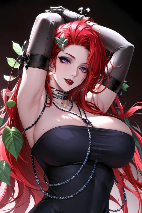 1girl, red hair, jewelry, long hair, solo, earrings, mole under mouth, hair ornament, dress, black dress, gloves, necklace, elbow gloves, looking at viewer, purple eyes, arms up, armpits, red lips, smile, black background, plant, upper body,parted lips,red...