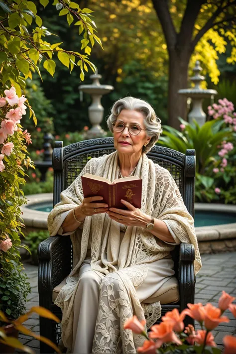 here is a new image generation prompt: elegant older woman in a vintage style garden, surrounded by blooming flowers and lush gr...