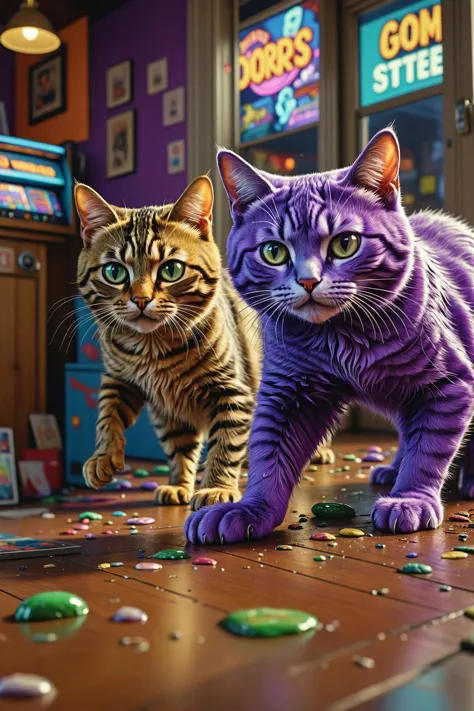 there are two cats that are looking at the camera, arcade machines, acid pooling on the floor, 8 k uhd poser, they are fighting ...