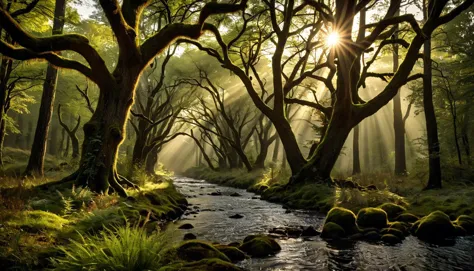 photography of morning in tolkien woods, misty, ray tracing, masterpiece, inspirational, trending on artstation, highres, fine d...