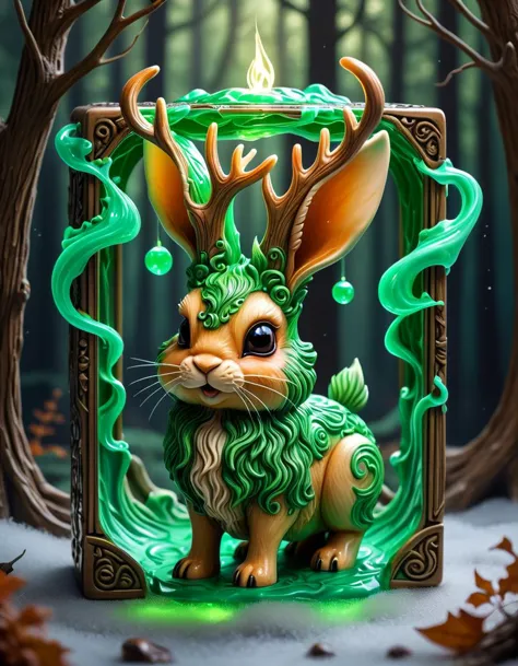 a cute happy cube-shaped kelly green jackalope is surrounded by swirling earth magic. haunted victorian mansion surrounded by mi...