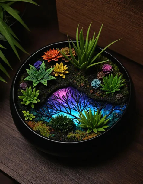 ASCIIthere is a small plant that is in a black bowl, moss terrarium, botanical artwork, inspired by master of the embroidered fo...
