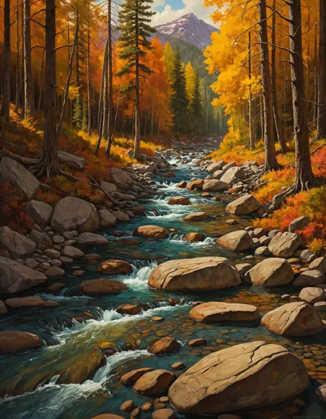striped!! painting of a stream running through a forest filled with rocks, colorado mountains, soft autumn sunlight, realistic ,...