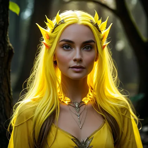 yellow bright hrglw elven woman<lora:glowing_hair-000006:1>