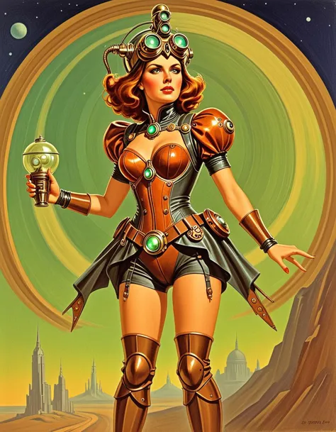 (notext:1.5) vntgpstr of a woman wearing a  futuristic steampunk outfit<lora:vntgpstr:1>