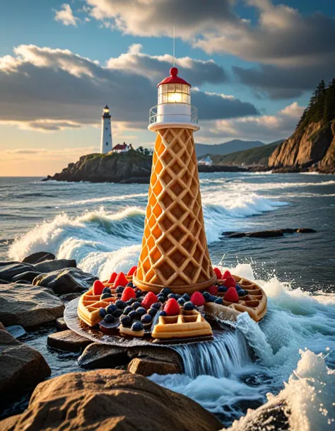 Giant lighthouse shaped  waffle cone with a light on top, on rocks, waves crahsing