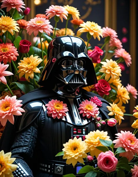 intricate floral design Vader, cinematic film still, cinematic lighting, cinematic postprocessing, flowers