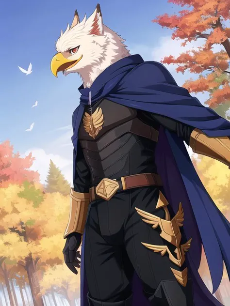 (Anthro:1.2), (griffin:1.3 with eagle beak:1.2), (male:1.1), (with black feathers:1.2), (in armor:1.2), (wearing purple cloak:1.2), (solo_focus:1.3), look away, (dynamic_pose:1.1). symmetrical wings.
(In maple autumn forest:1.2), (in the evening:1.1), (the sky is dark blue:1.2). hyper details, lighting art, cinematic, insane details, intricate details, hyperdetailed, goth, fractal, dark shot.