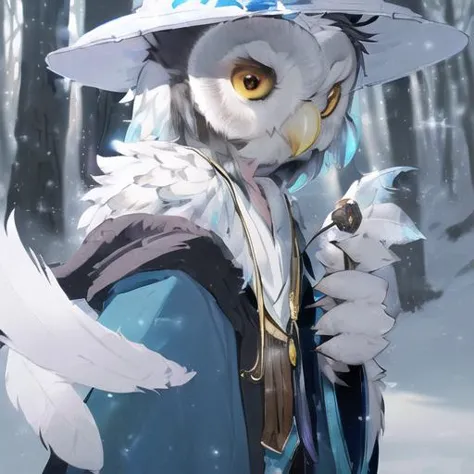 (furry art, uploaded on e621:1.8),  very small owlkin boy, anthropomorphic owl kid, (wearing a wide brimmed wizard hat:1.9), short, cute face, detailed portrait, realistic shading, impasto impressionism, (solo), (Furry Anthro male barn owl with (no wings):1.5), (two arms), (detailed feathered white body:1.8), (white colored feathers:1.9), (detailed feather texture), (owl beak:1.5), (wearing blue fantasy wizard robes:1.5), short hair, expressive eyes,  (claws, talons), [white arms and hands], (detailed background, stretching in forest, snowy (forest)), crepuscular rays, action pose, close up, depth of field