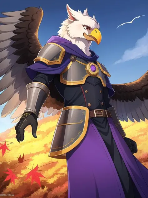 (Anthro:1.2), (griffin:1.3 with eagle beak:1.2), (male:1.1), (with black feathers:1.2), (in armor:1.2), (wearing purple cloak:1.2), (solo_focus:1.3), look away, (dynamic_pose:1.1). symmetrical wings.
(In maple autumn forest:1.2), (in the evening:1.1), (the sky is dark blue:1.2). hyper details, lighting art, cinematic, insane details, intricate details, hyperdetailed, goth, fractal, dark shot.