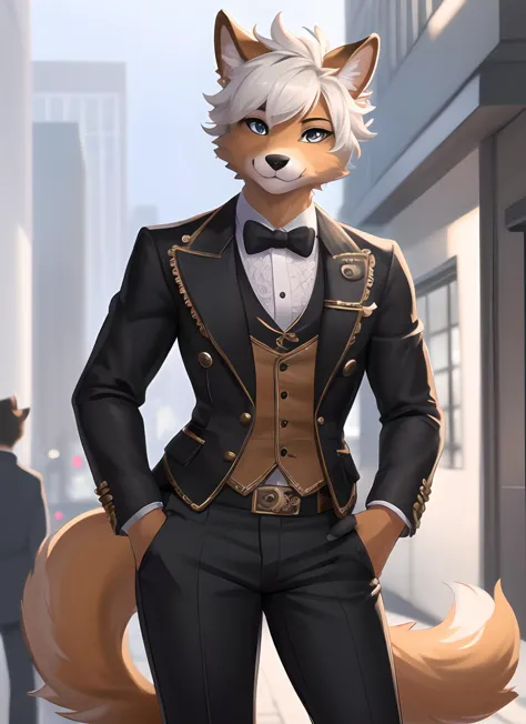 a close up of a person in a suit and a fox