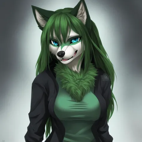 furry, wolf, background, greenfur, blue eyes, dark green body, female, clothes