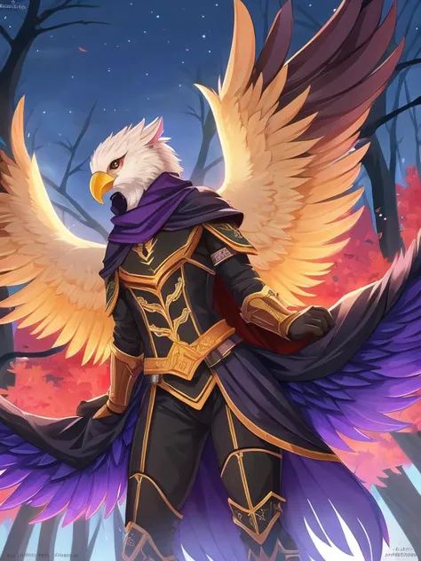 (Anthro:1.2), (griffin:1.3 with eagle beak:1.2), (male:1.1), (with black feathers:1.2), (in armor:1.2), (wearing purple cloak:1.2), (solo_focus:1.3), look away, (dynamic_pose:1.1). symmetrical wings.
(In maple autumn forest:1.2), (in the evening:1.1), (the sky is dark blue:1.2). hyper details, lighting art, cinematic, insane details, intricate details, hyperdetailed, goth, fractal, dark shot.