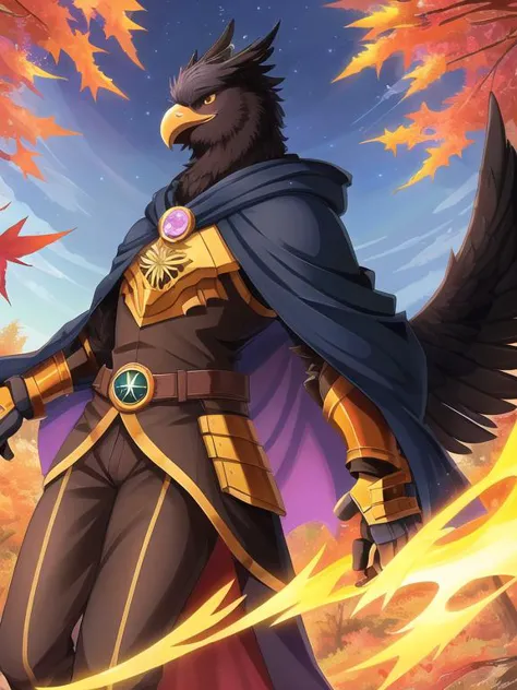 (Anthro:1.2), (griffin:1.3 with eagle beak:1.2), (male:1.1), (with black feathers:1.2), (in armor:1.2), (wearing purple cloak:1.2), (solo_focus:1.3), look away, (dynamic_pose:1.1). symmetrical wings.
(In maple autumn forest:1.2), (in the evening:1.1), (the sky is dark blue:1.2). hyper details, lighting art, cinematic, insane details, intricate details, hyperdetailed, goth, fractal, dark shot.