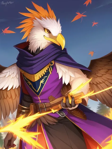 (Anthro:1.2), (griffin:1.3 with eagle beak:1.2), (male:1.1), (with black feathers:1.2), (in armor:1.2), (wearing purple cloak:1.2), (solo_focus:1.3), look away, (dynamic_pose:1.1). symmetrical wings.
(In maple autumn forest:1.2), (in the evening:1.1), (the sky is dark blue:1.2). hyper details, lighting art, cinematic, insane details, intricate details, hyperdetailed, goth, fractal, dark shot.