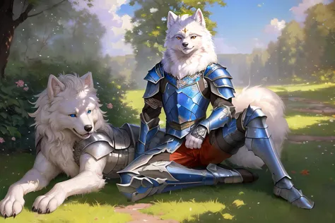 trending on artstation, uploaded to e621, ((highly detailed fullbody portrait of a solo furry muscular male samoyed by kazashino)), ((detailed face, detailed blue eyes and pupil,  detailed hair, detailed fur, detailed handpaw, insane details), impasto impressionism,high quality digital art, realistic lighting), ((by honovy) and Michael & Inessa Garmash and  Ruan Jia and Pino Daeni), (medieval dark fantasy (sliver knight armor) , sword)