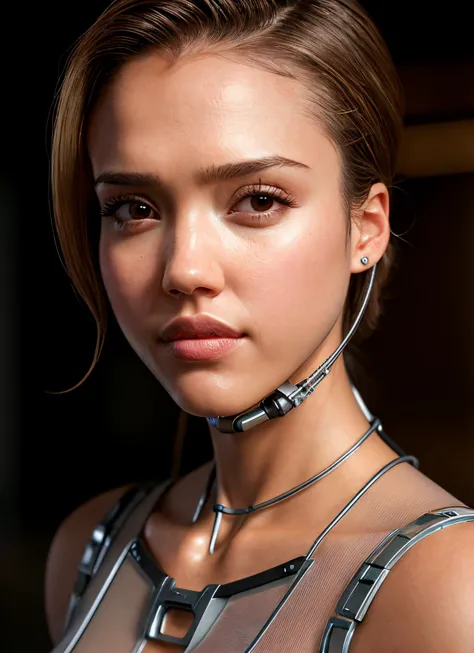 Portrait of a robot girl Jessica Alba, enormous lips, transparent neck, porcelain face and head, robotic parts, cyberpunk, cable electric wires, hyperrealistic, fantasy, octane render, intricate, concept art, 8k, professional studio lighting, epic (photo, studio lighting, hard light, sony a7, 50 mm, matte skin, pores, colors, hyperdetailed, hyperrealistic), <lyco:Jessica Alba:1.1>