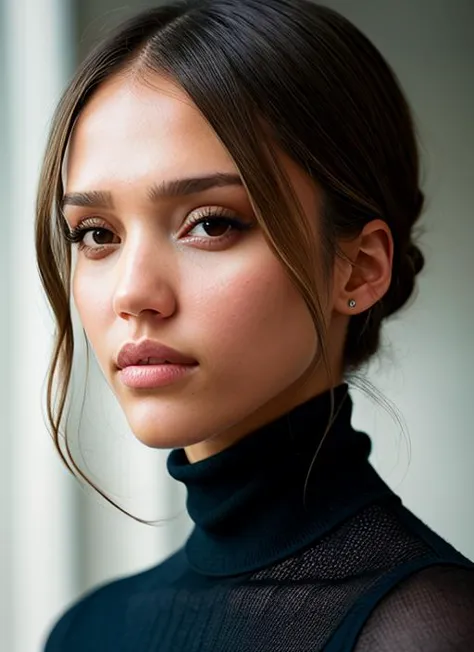 a close up of a woman with a black turtle neck top