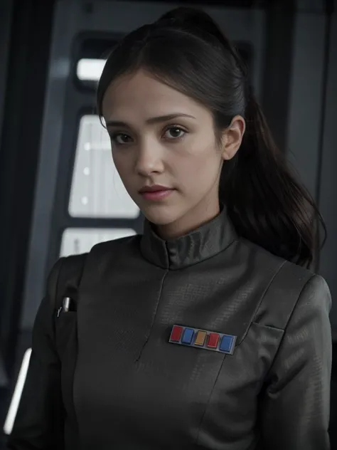 a woman in a star wars uniform looks at the camera