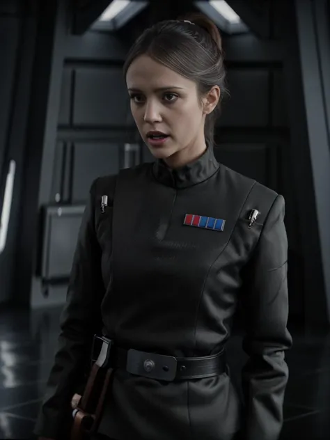 a woman in a black uniform standing in a room