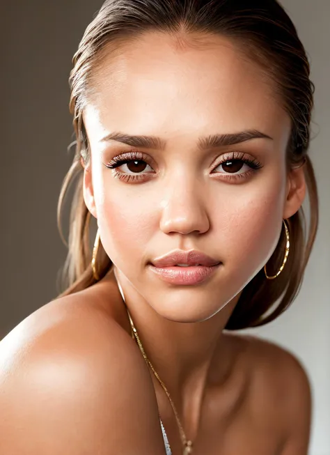 a close up of a woman with a necklace on her neck