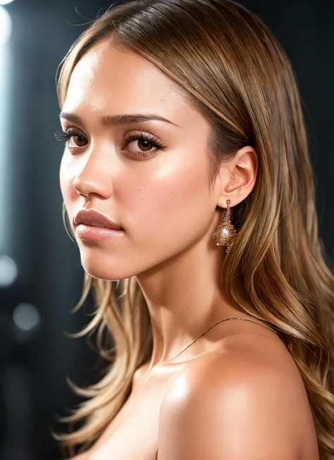 a woman with long hair and earrings posing for a picture