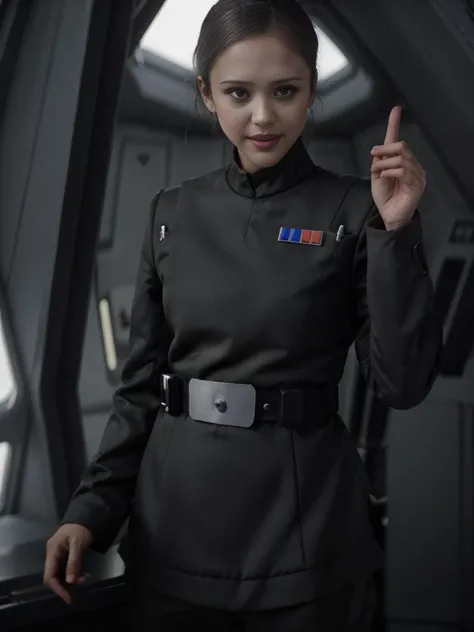 a woman in a star wars costume pointing at something