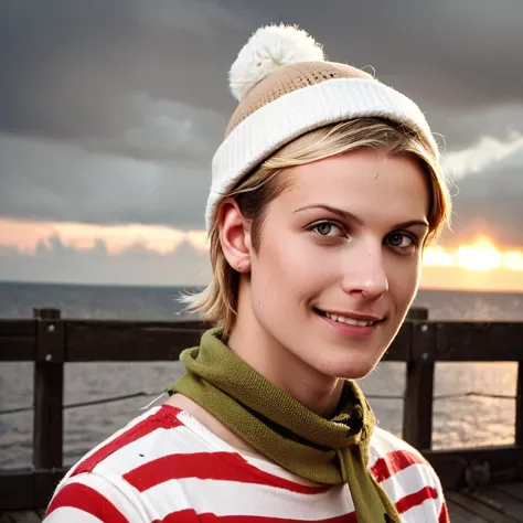 score_9, score_8_up, score_7_up, score_6_up, score_5_up, score_4_up,  FLPJCK, photoshop \(medium\),  pier, upper body, cloudy, 1boy, teen, blonde hair, (striped shirt:1.2), scarf, hat, serious, smile <lora:flpjckv2-50:1>