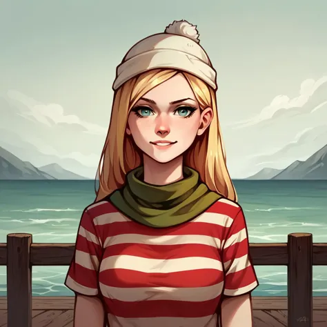 score_9, score_8_up, score_7_up, score_6_up, score_5_up, score_4_up,  FLPJCK, pier, upper body, cloudy, 1girl, blonde hair, (striped shirt:1.2), scarf, hat, serious, smile <lora:flpjckv2-50:1>