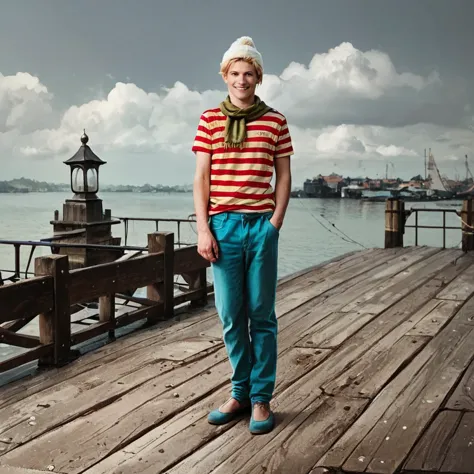 score_9, score_8_up, score_7_up, score_6_up, score_5_up, score_4_up,  FLPJCK, photoshop \(medium\),  pier, full body, cloudy, 1boy, teen, blonde hair, blue pants, (striped shirt:1.2), scarf, hat, serious, smile <lora:flpjckv2-50:1>