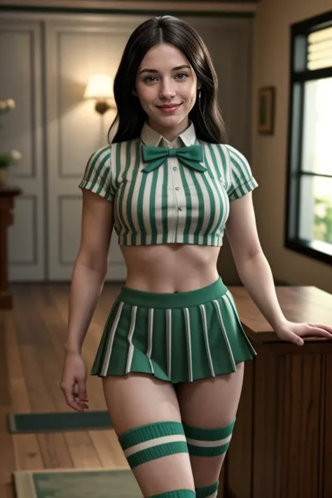 ((Masterpiece, best quality, cinematic lighting, 8k, full body shot, long hair)), (smile:0.85), (realistic background)
green striped shirt, striped pleated miniskirt, bowtie, striped socks, shoes