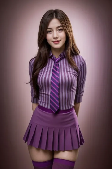 ((1 girl, 22 y.o, Masterpiece, best quality, cinematic lighting, 8k, full body shot, long hair, hourglass body)), (smile:0.85), (realistic background:1.2)
<lora:Striped_C1_Dress_By_Stable_Yogi:1>
purple shirt, striped print, necktie, skirt, thighhighs