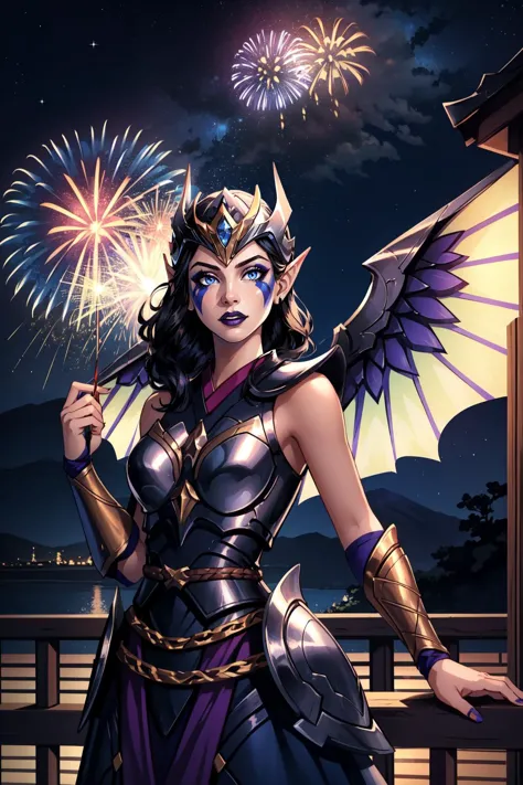 a woman in armor holding a sword and fireworks