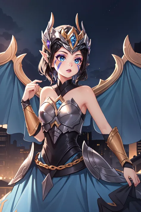 a woman in a blue dress with wings and a sword