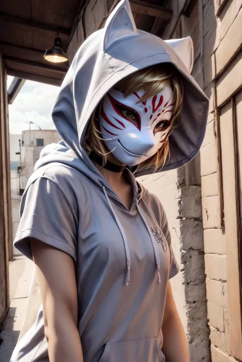 a close up of a person wearing a cat mask and a hoodie