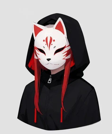 a person wearing a cat mask with red hair and a hood