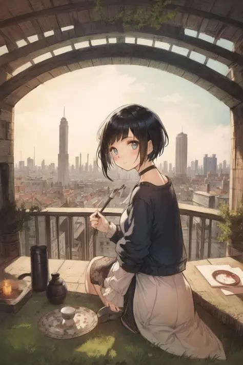 masterpiece,(best quality:1.2),illustration,city,short black hair,beautiful face,landscape