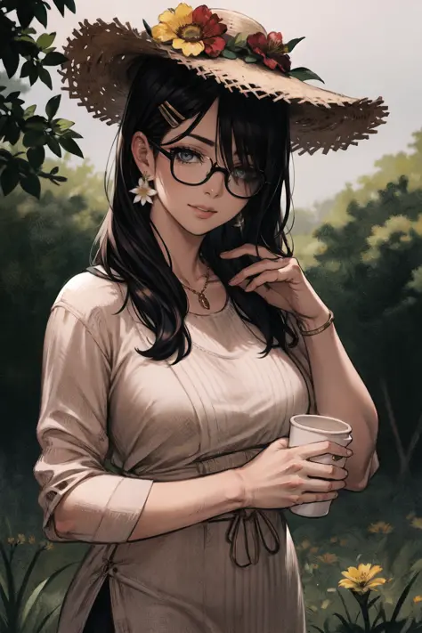 perfect face, detailed eyes, best quality, (mature milf woman, realistic:1.3), solo, shell, flower, hat, hair ornament, jewelry, straw hat, looking at the audience, sunglasses, hat flower, drinking grass, hair clip, earrings, tinted glasses, yellow flower, bangs, black hair, cup, long hair, black tinted glasses,  portrait, seashell hair ornament