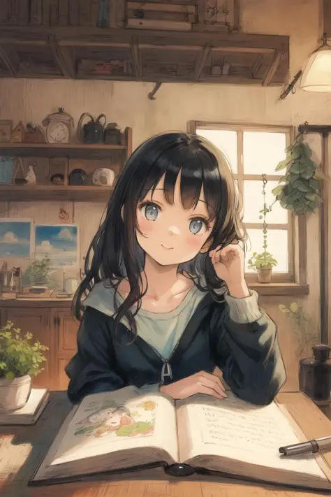 masterpiece,best quality,1girl,nostalgic,illustration,(face:1.2),indoors