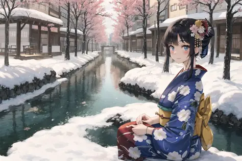 masterpiece,best quality, beautiful face,snow,city,kimono