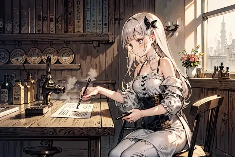 (best quality), girl,(ultra-detailed), (highly detailed CG illustration), ((an extremely delicate and beautiful)),(expressionless),cinematic light,alchemist,factory