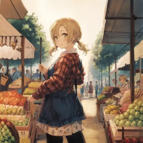 masterpiece,best quality, face,1girl,city,tree,market,blonde short hair, twintails