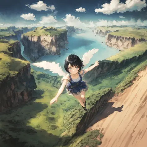 masterpiece,best quality,1girl,solo,short black hair,from above,landscape,flying,sky,